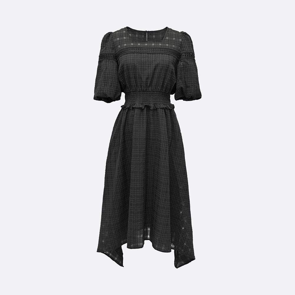 Elara Unbalance Check Dress (BLACK, WHITE)