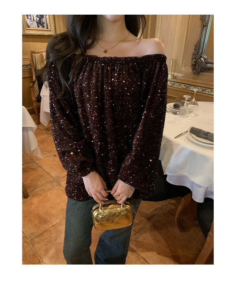 Glitter Sequin Off-Shoulder Blouse